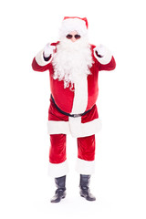 Portrait of cool Santa Claus in traditional costume wearing sunglasses on white background