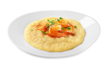 Plate with fresh tasty shrimp and grits on white background