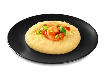 Plate with fresh tasty shrimp and grits on white background