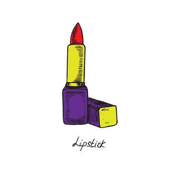 Red lipstick, hand drawn doodle sketch in pop art style with inscription, isolated vector illustration