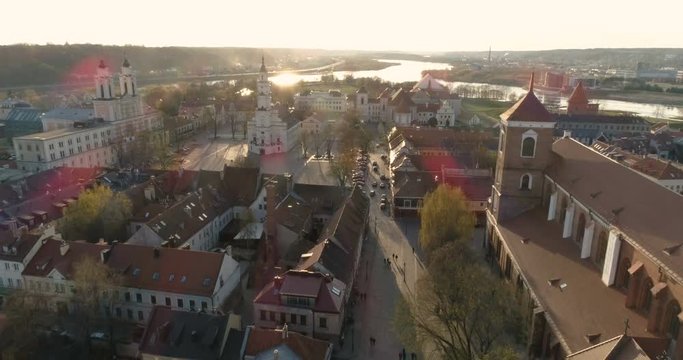 Aerial. Drone shot of Town Hall in Town Hall square in Kaunas, Lithuania, Spring