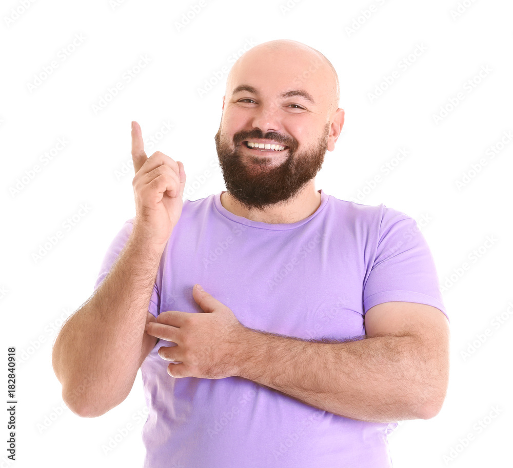 Poster overweight young man on white background