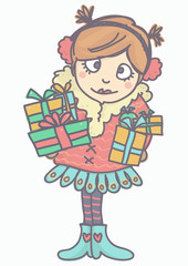 Obraz na płótnie Canvas Cute adorable girl in winter outfit holding gift boxes, colorful vector cartoon isolated on white background.