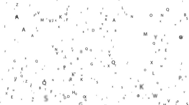 Alphabet, Letters. Many letters fly oblique rain. Isolation, Alpha channel