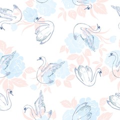 Fototapeta na wymiar Seamless pattern with white swans. White swans on black background. Vector illustration.