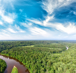 Aerial view of beautiful river across the forest