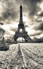 Infrared view of Eiffel Tower from Champs de Mars park, Paris