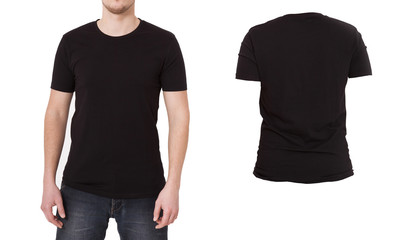Macro Shirt Template. Black Blank Shirts Front Back View isolated. Mock Up, Copy Space