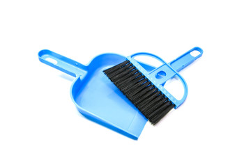 mini blue plastic broom on white background.