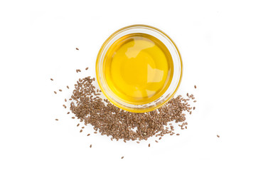 Flaxseed (Linseed) oil isolated on white bg, directly above