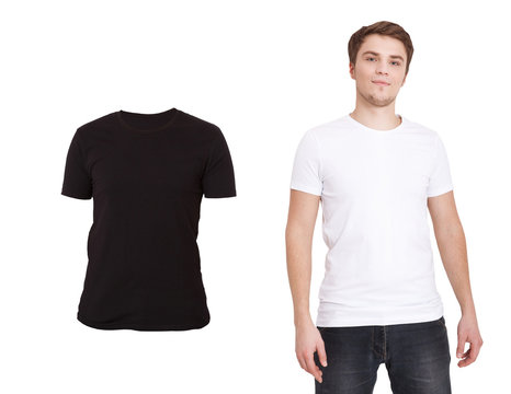 Close up of man in black and white t-shirt isolated on white. Mock up. Blank Shirt set