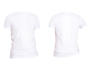 Close up of two white t-shirt isolated on white background. Mock up and copy space. Blank template shirt set.