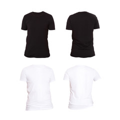 Close up of man blank black and white t-shirt isolated on white background. Mock up Shirts. Shirt set. Template