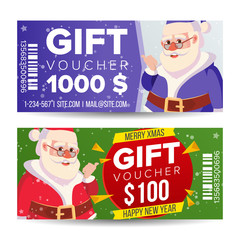 Gift Voucher Vector. Horizontal Coupon. Merry Christmas. Happy New Year. Santa Claus And Gifts. Shopping Advertisement. Business Gift Illustration
