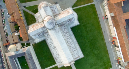 Overhead panoramic aerial view of Miracles Square in Pisa, Italy