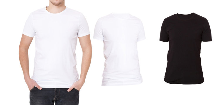 T-shirt template. Front view. Mock up isolated on white background. Black, white shirts set. Blank Male Shirt