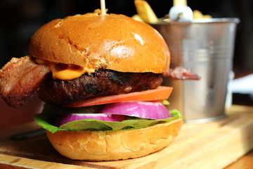 burger with fries at a restaurant 