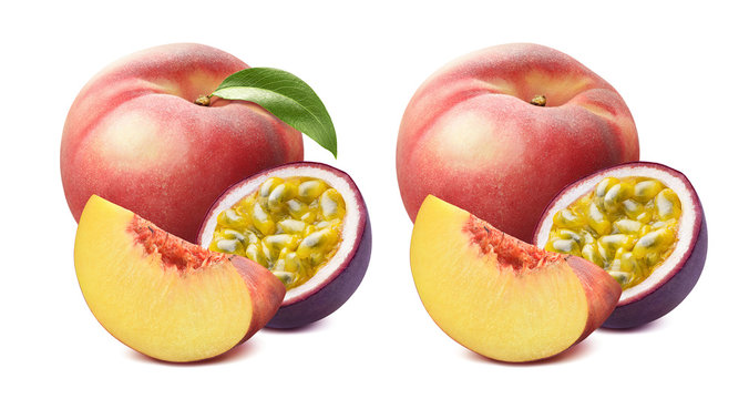 Peach with green leaf and passion fruit isolated on white background