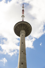 Fototapeta na wymiar TV tower in Vilnius, Lithuania. The tallest structure in Lithuania, the symbol of Vilnius city.