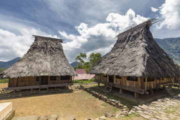 Fototapeta na wymiar Two traditional houses in the Wologai village near Kelimutu in East Nusa Tenggara, Indoneisa.