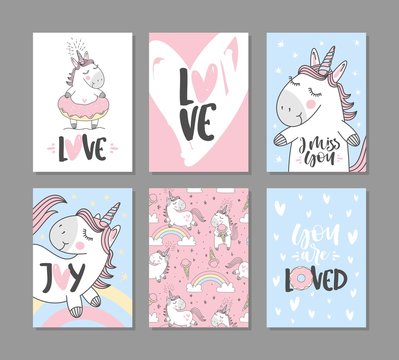 Greeting cards with cute unicorns. Hand written text.