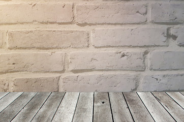 wooden terrace or desk with copy space for display of product or object presentation and old vintage brick wall background