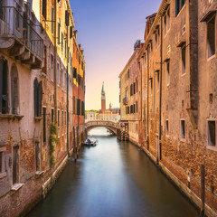 Venice cityscape, water canal, campanile church and bridge. Italy