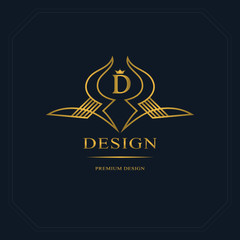 Gold Line graphics monogram. Elegant art logo design. Letter D. Graceful template. Business sign, identity for Restaurant, Royalty, Boutique, Cafe, Hotel, Heraldic, Jewelry, Fashion. Vector elements