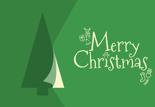 GREEN CHRISTMAS GREETING CARD WITH TREE AND MERRY CHRISTMAS TEXT