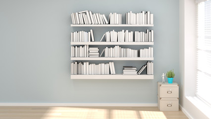 Bookshelf in empty room 3d illustration clean reading room with ornamental plants and object minimal concept Interior design