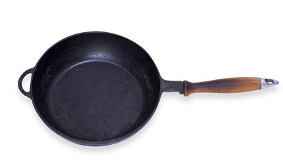 empty round cast iron frying pan with wooden handle