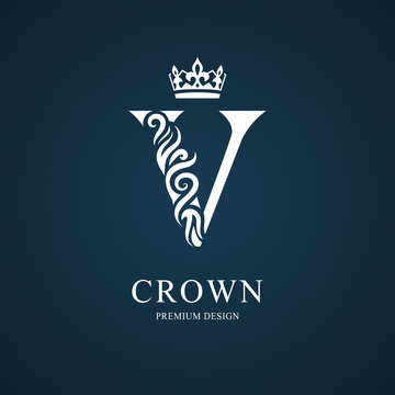 Elegant letter V. Graceful royal style. Calligraphic beautiful logo. Vintage drawn emblem for book design, brand name, business card, Restaurant, Boutique, Hotel. Vector illustration