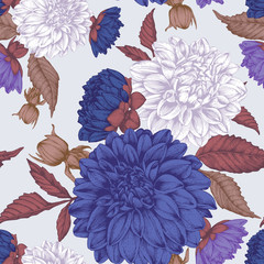 Vector floral seamless pattern with hand drawn dahlias