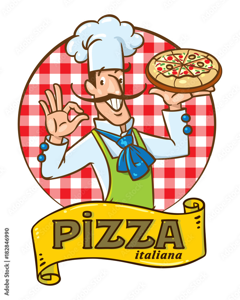 Poster Funny italian chef with pizza. Emblem design