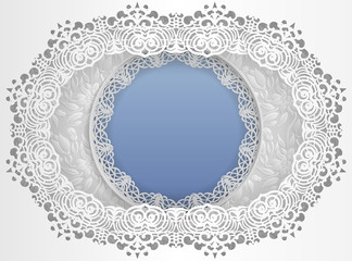 Round white frame in an oval frame with lace edges and a floral background inside. Template for wedding and other congratulations. In the middle there is space for text, pictures, photos. Vector i