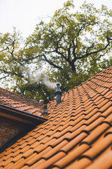 Roof of house with steaming stovepipe under autumn tree.