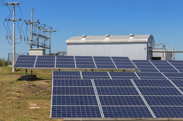 polycrystalline silicon solar cells in solar power plant turn up skyward absorb the sunlight from the sun alternative renewable energy from the sun on blue sky background