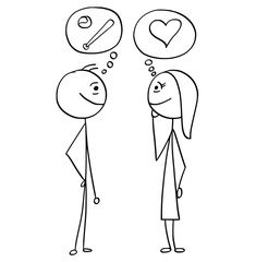 Vector Cartoon of Man and Woman Talking about Baseball and Love