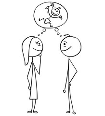 Vector Cartoon of Man and Woman Thinking Planning Together About Having a Baby