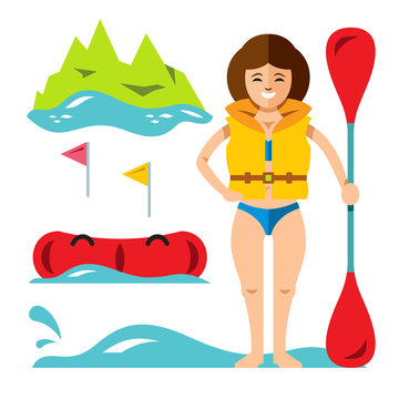 Vector Rafting Girl. Flat style colorful Cartoon illustration.