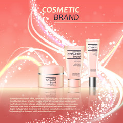 3D realistic cosmetic bottle ads template. Cosmetic brand advertising concept design with glitters and bokeh background