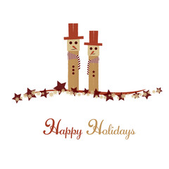 Christmas time. Two snowmen  with stars. Text : Happy Holidays