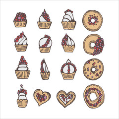 Vector set with pasty goods. Baked tasty food and coffee. Design elements, sketch illustrations. Cupcake, pie, muffin, cookie