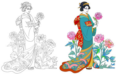 Japanese geisha woman in a kimono with peony flowers, page for coloring book with sample. Vector illustration.