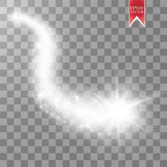 A bright comet with large dust. Falling Star. Glow light effect. Golden lights. Vector illustration