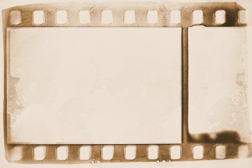 Vintage sepia film strip frame on old and damaged paper background.