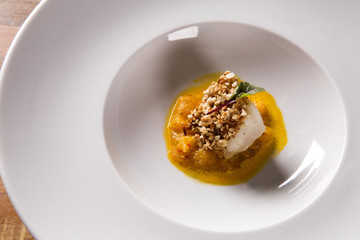 Roasted cod, codfish with baked pumpkin