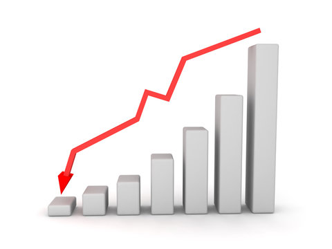 3D Financial Graph Chart Showing Decline With Downward Red Arrow Above