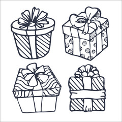 Hand drawn doodle present box and gift. Pattern with present