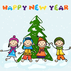 Colorful card for New Year with happy kids.